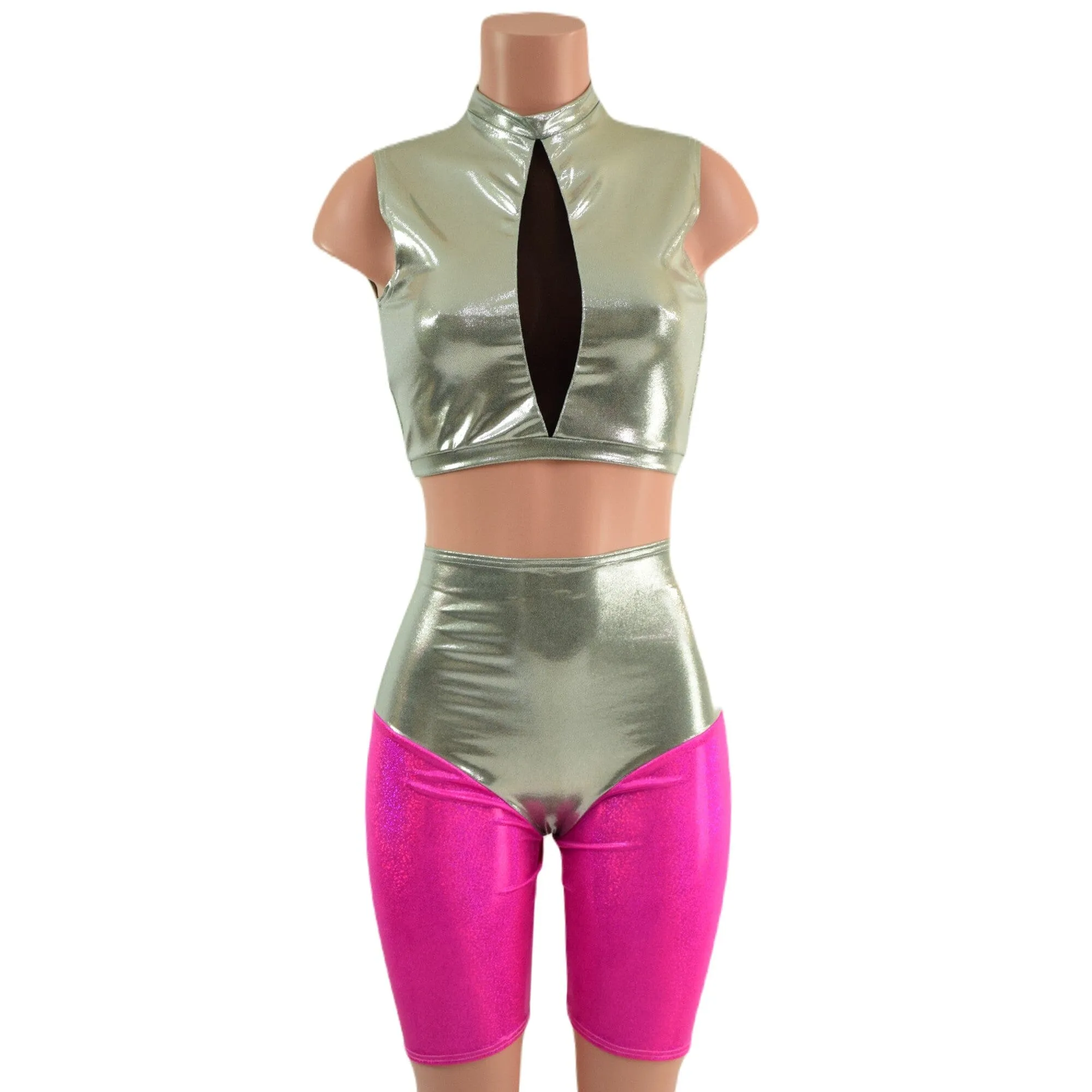 Fonda Shorts and Inset Mesh Keyhole Crop in Platinum Metallic