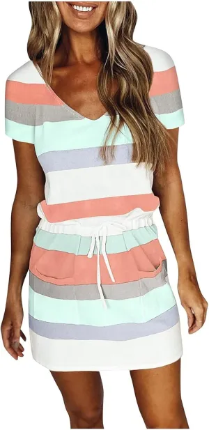 FONMA Dress for Women 2024 Summer Casual Loose V Neck Mini Sundress Fashion Striped Drawstring T Shirt Dress with Pockets