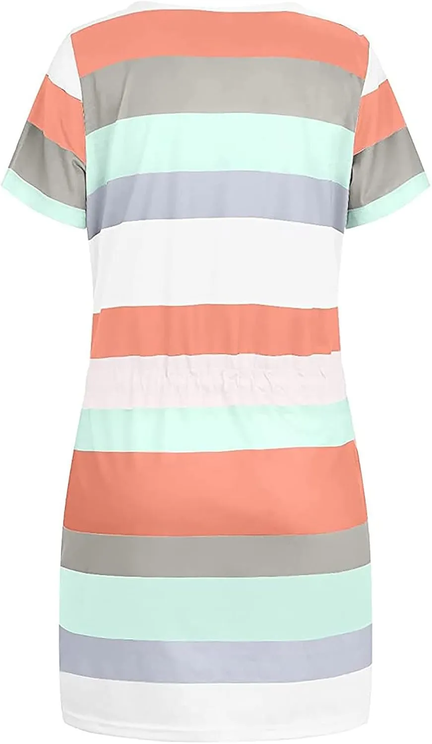 FONMA Dress for Women 2024 Summer Casual Loose V Neck Mini Sundress Fashion Striped Drawstring T Shirt Dress with Pockets