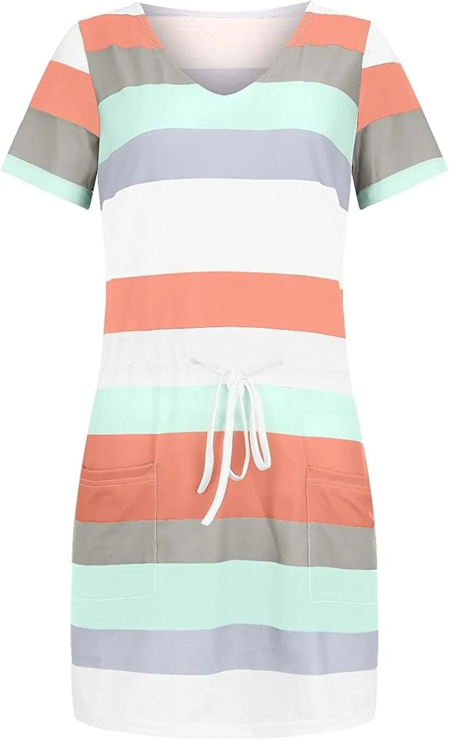 FONMA Dress for Women 2024 Summer Casual Loose V Neck Mini Sundress Fashion Striped Drawstring T Shirt Dress with Pockets