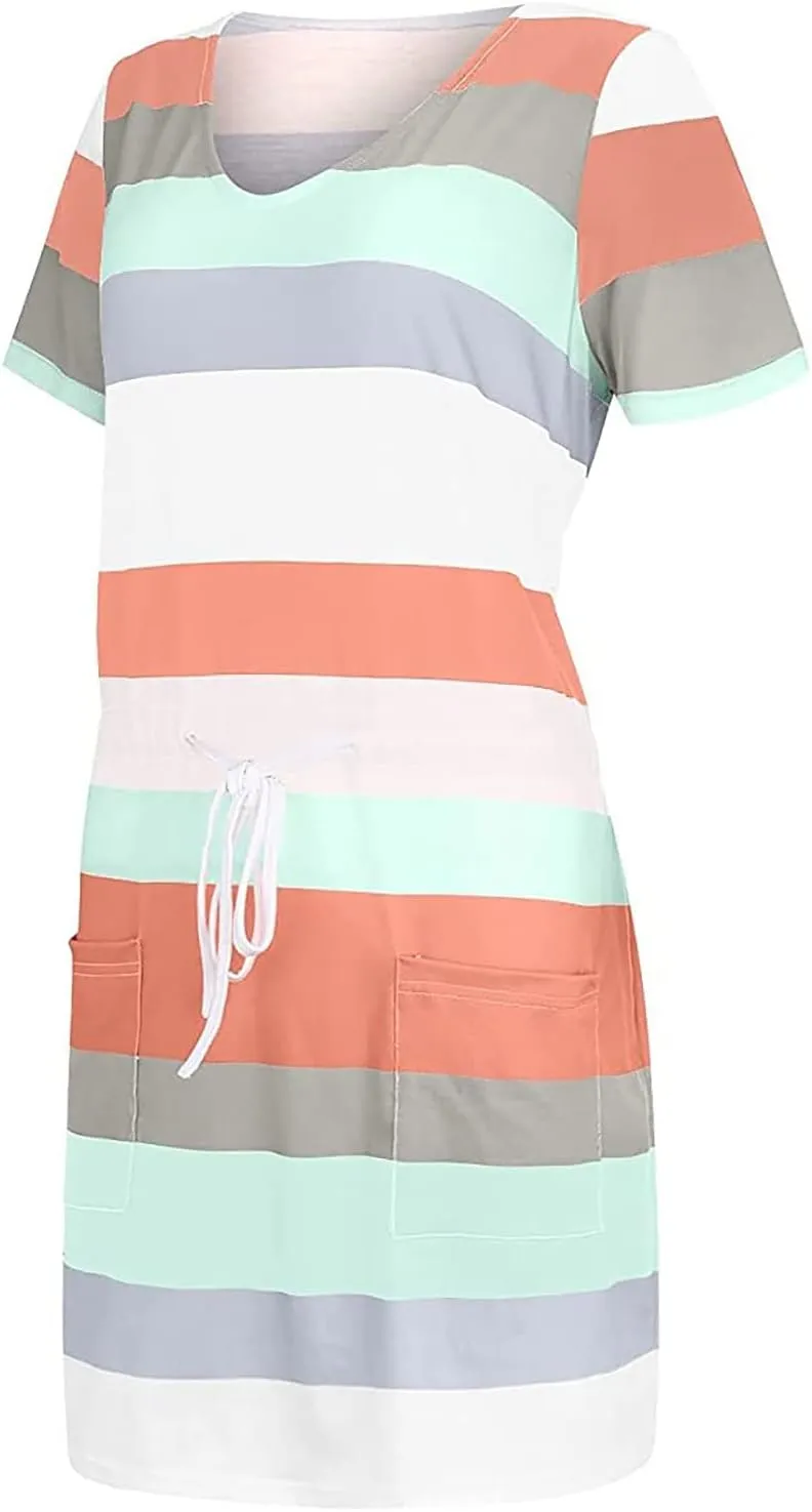 FONMA Dress for Women 2024 Summer Casual Loose V Neck Mini Sundress Fashion Striped Drawstring T Shirt Dress with Pockets