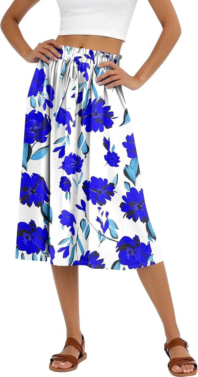 Formal Skirts for Women Summer Drawstring Elastic High Waisted Midi Skirt Boho A Line Pleated Calf Length Skirt