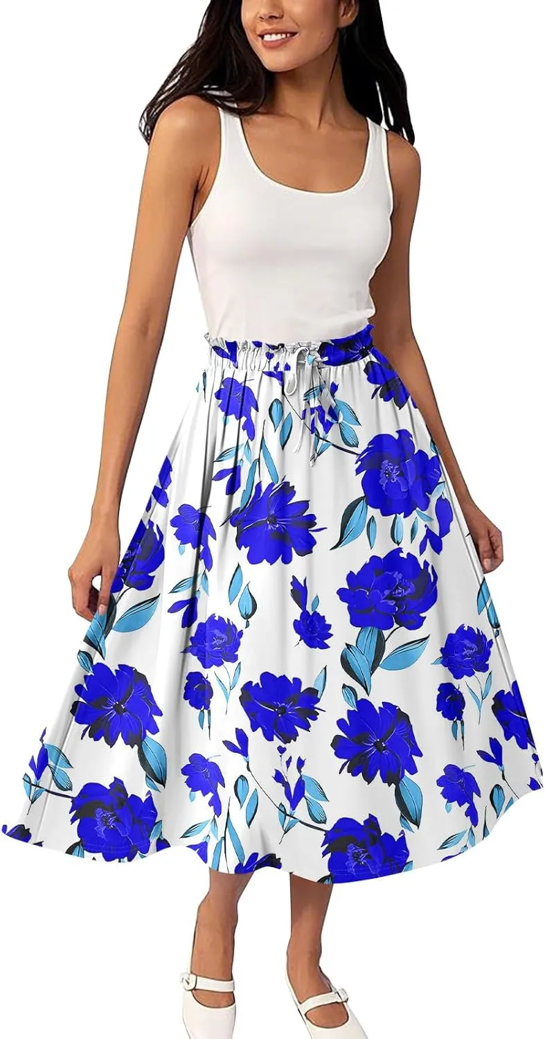 Formal Skirts for Women Summer Drawstring Elastic High Waisted Midi Skirt Boho A Line Pleated Calf Length Skirt