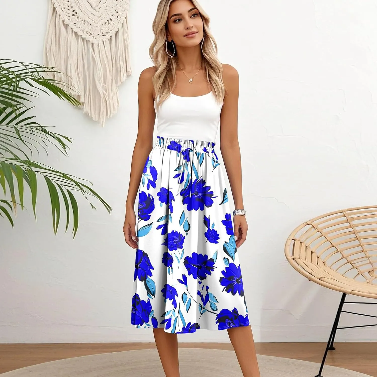 Formal Skirts for Women Summer Drawstring Elastic High Waisted Midi Skirt Boho A Line Pleated Calf Length Skirt