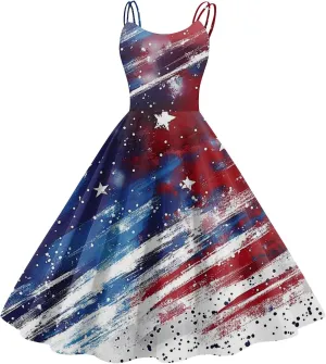 Fourth of July Dresses for Women Midi Red White and Blue Dress Sleeveless Patriotic Dresses Holiday Festival Dress