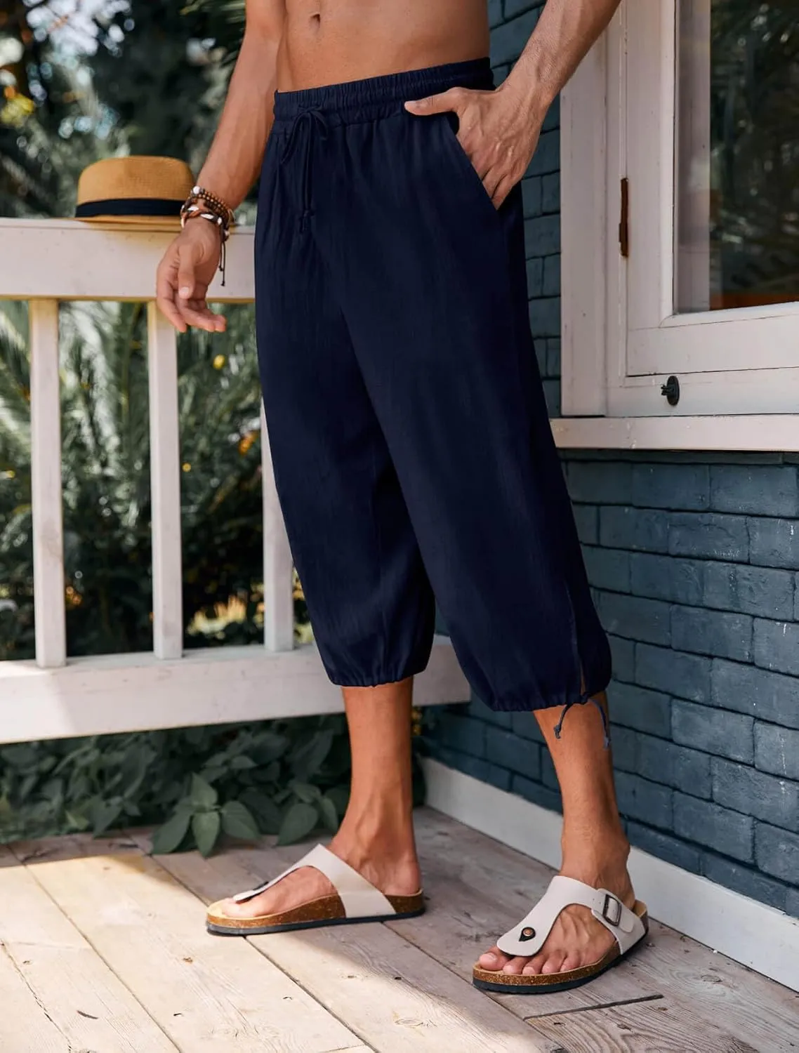 Gafeng Mens Harem Capri Pants Beach Yoga Baggy 3/4 Shorts Casual Drawstring Summer Wide Leg Pants