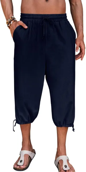 Gafeng Mens Harem Capri Pants Beach Yoga Baggy 3/4 Shorts Casual Drawstring Summer Wide Leg Pants