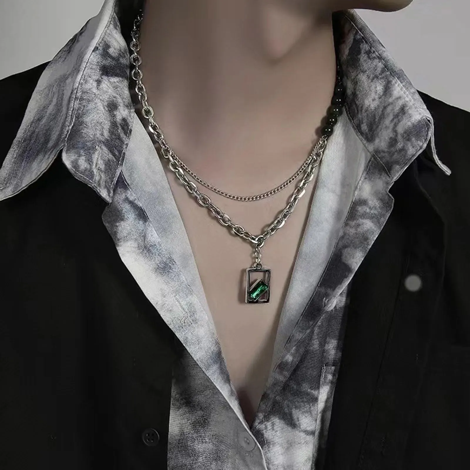 Geometric Green Stone Necklace for Men