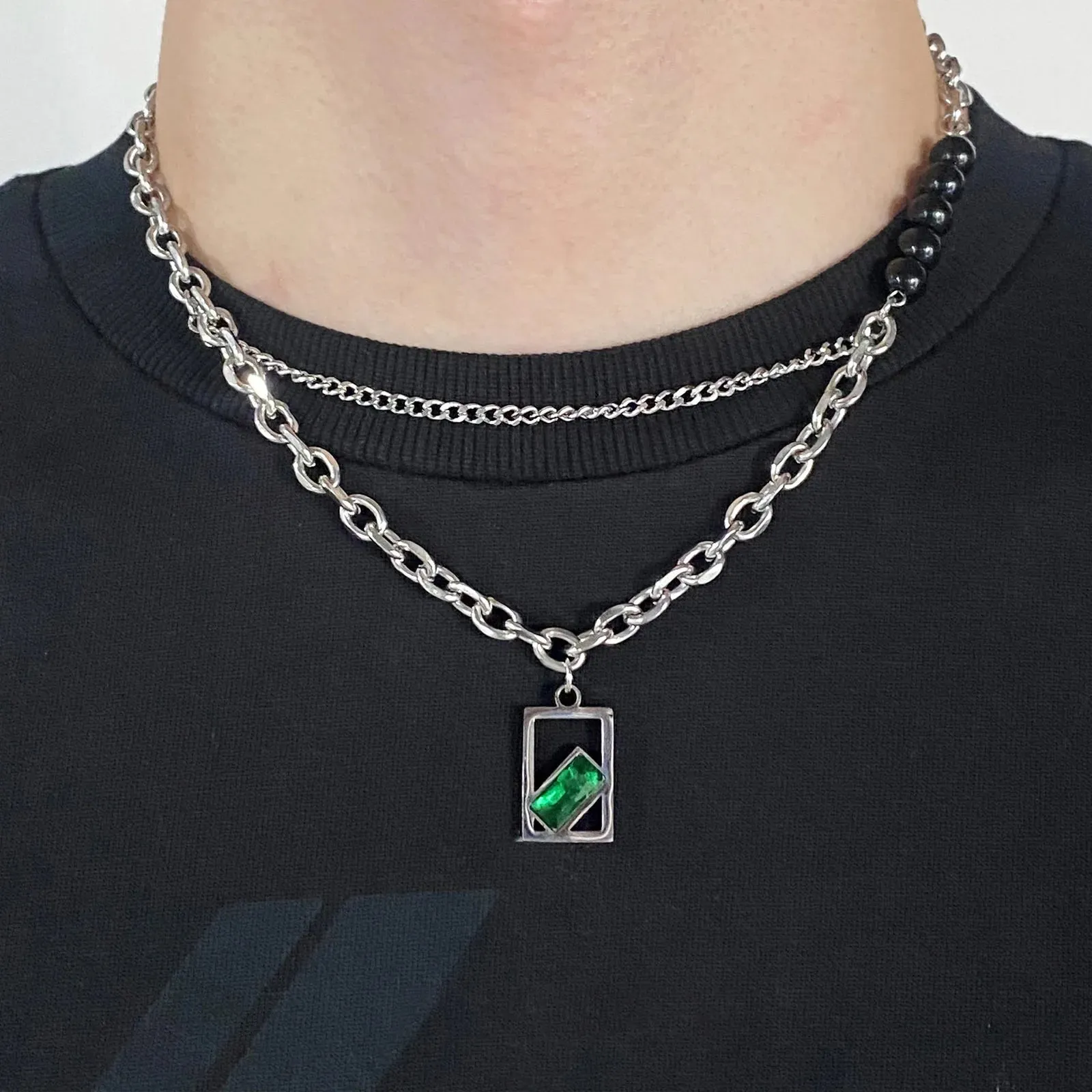 Geometric Green Stone Necklace for Men