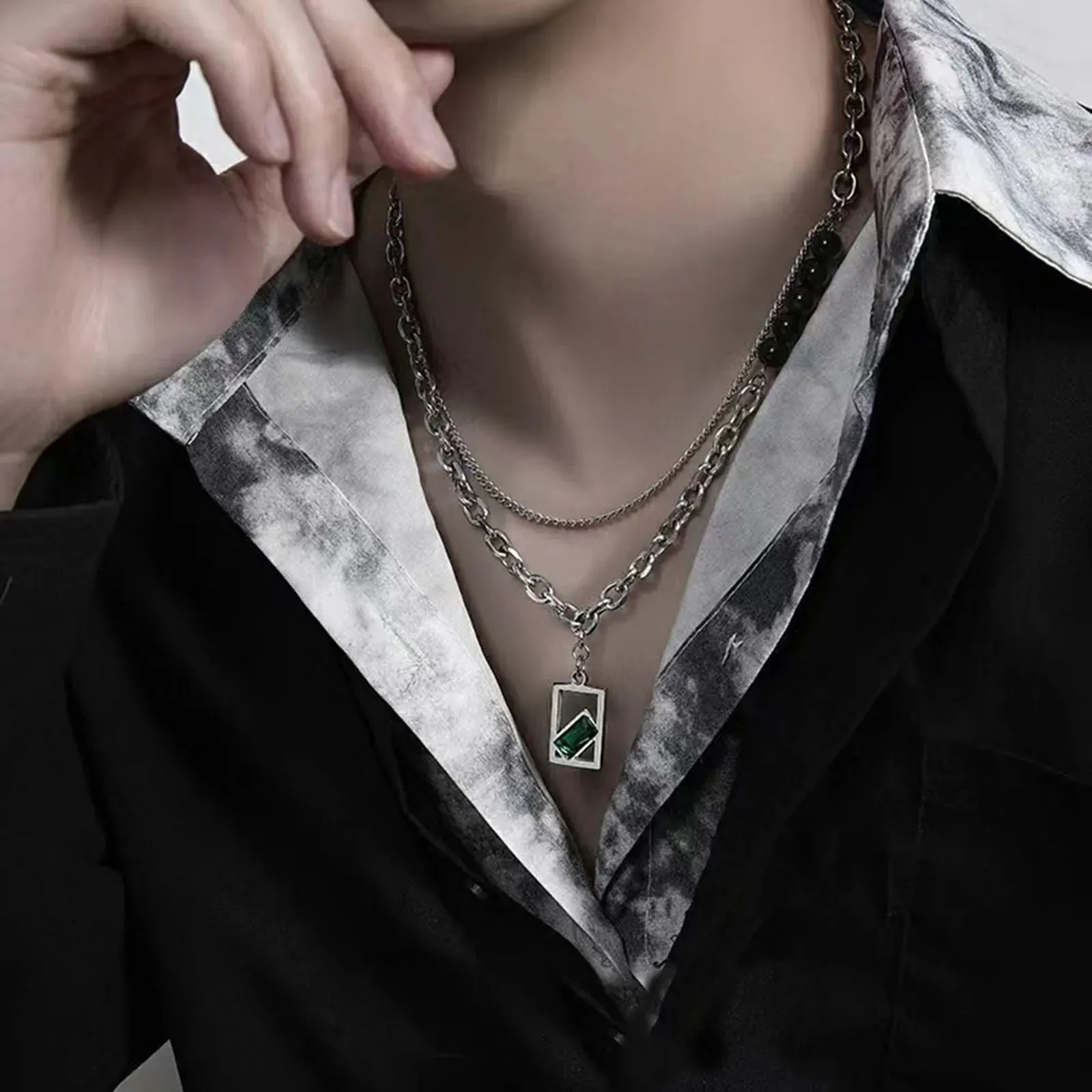 Geometric Green Stone Necklace for Men