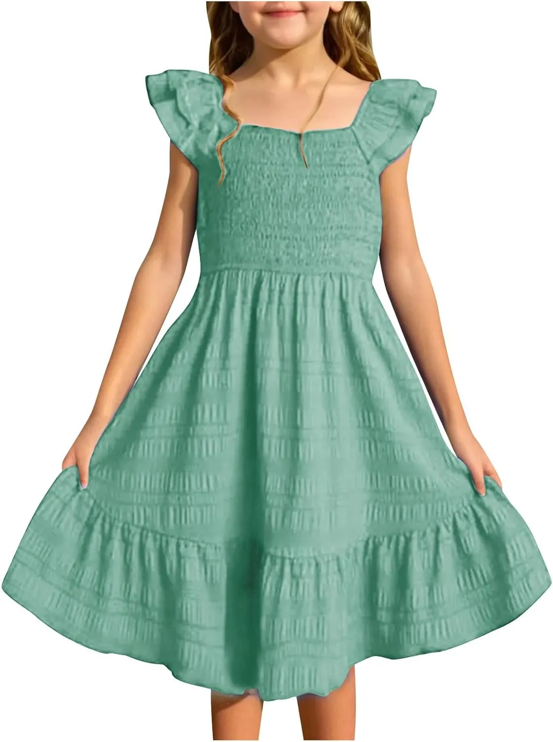Girls Casual Dress Summer Flutter Sleeve Swing Dresses Kids Smocked Ruffle Mini Skirts Solid Color Tiered Sundress
