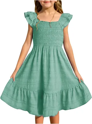 Girls Casual Dress Summer Flutter Sleeve Swing Dresses Kids Smocked Ruffle Mini Skirts Solid Color Tiered Sundress