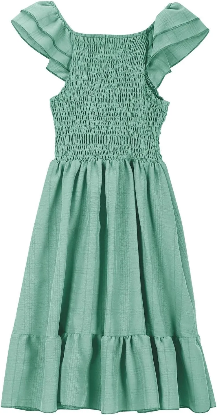 Girls Casual Dress Summer Flutter Sleeve Swing Dresses Kids Smocked Ruffle Mini Skirts Solid Color Tiered Sundress
