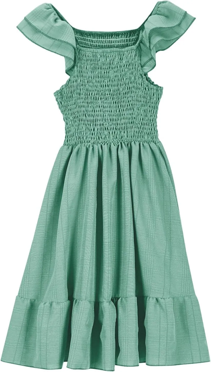 Girls Casual Dress Summer Flutter Sleeve Swing Dresses Kids Smocked Ruffle Mini Skirts Solid Color Tiered Sundress