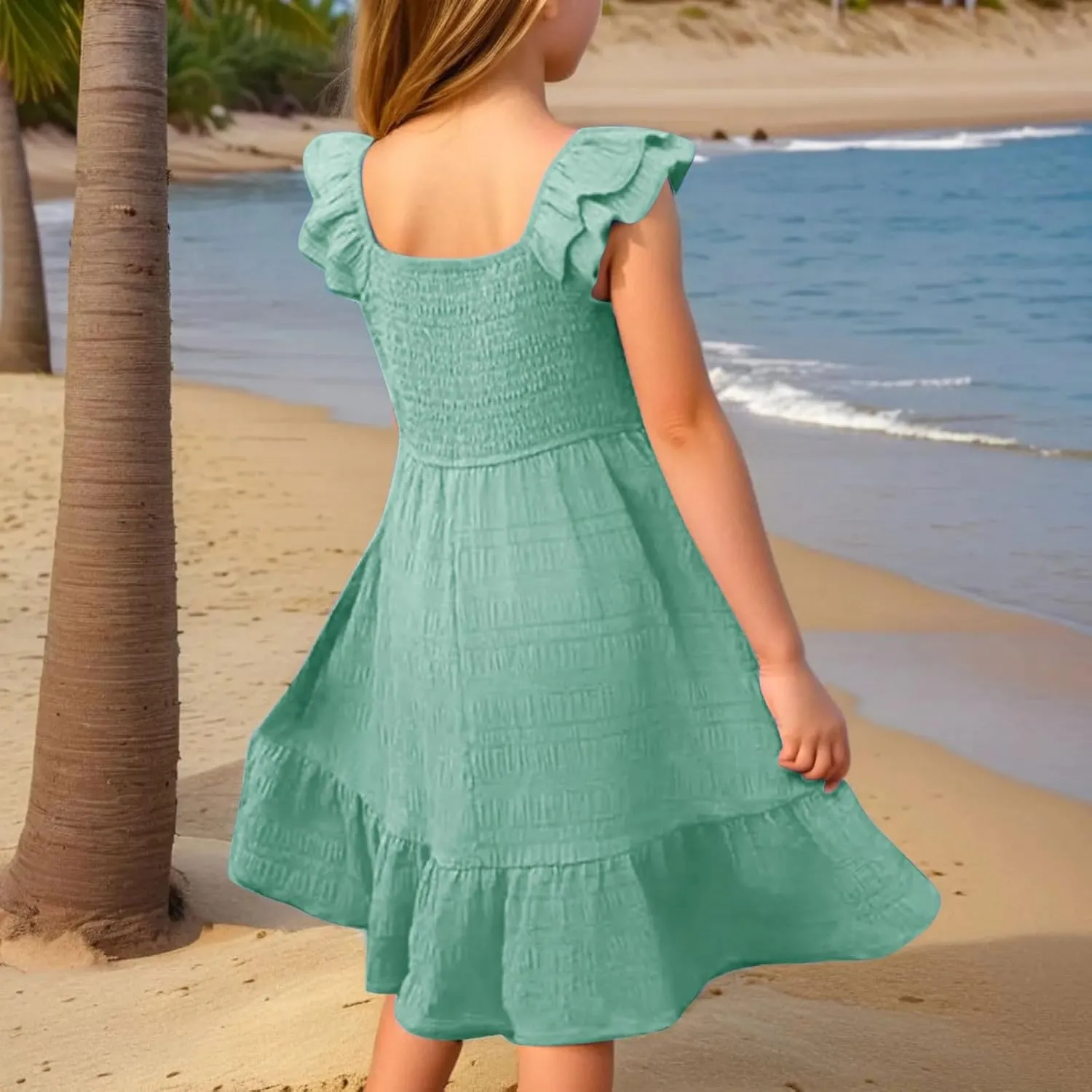 Girls Casual Dress Summer Flutter Sleeve Swing Dresses Kids Smocked Ruffle Mini Skirts Solid Color Tiered Sundress