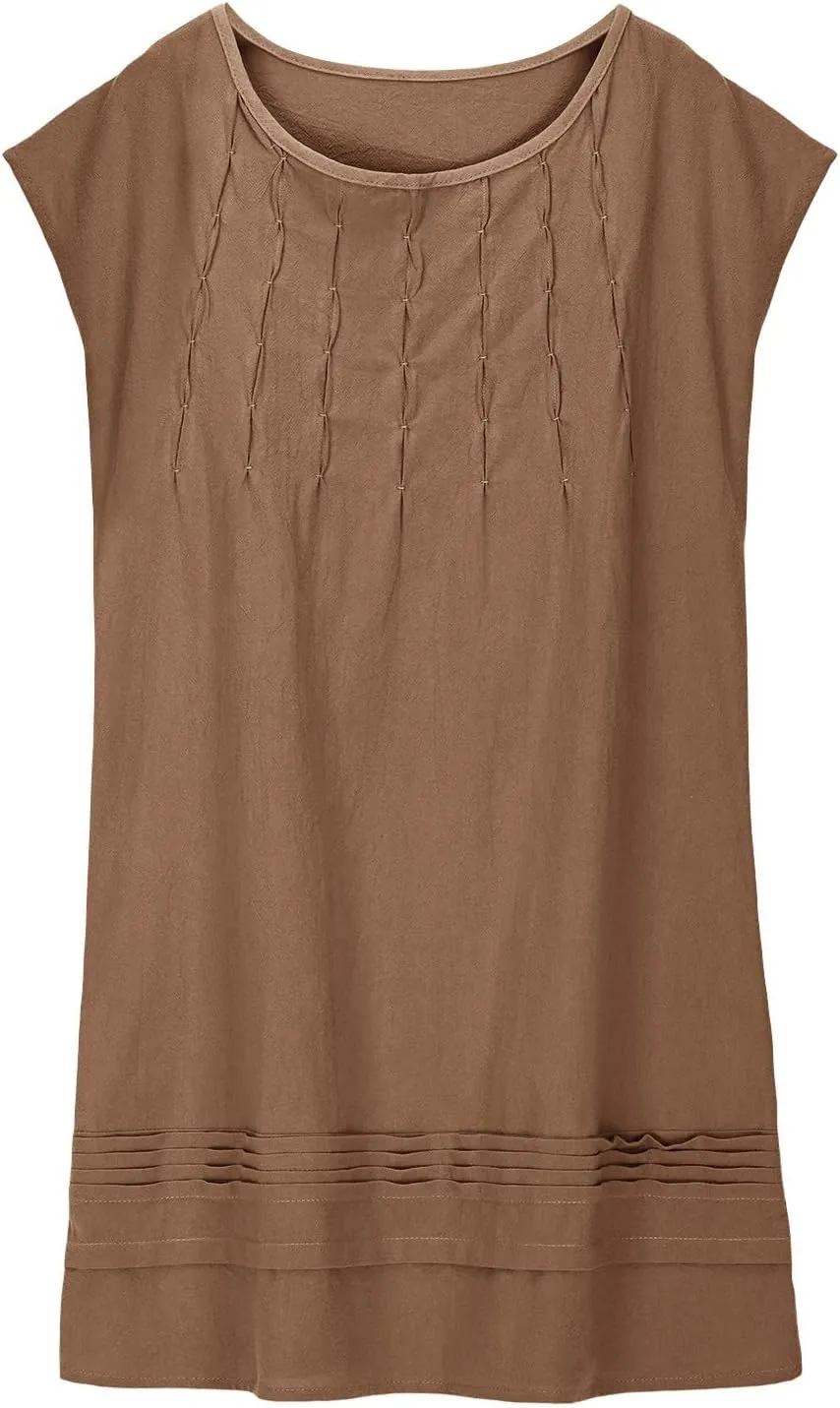 Girl's Cotton Linen Midi Dress Plus Size Cap Sleeve Pleated Summer Dresses Vacation 2025 Crew Neck Casual Dress