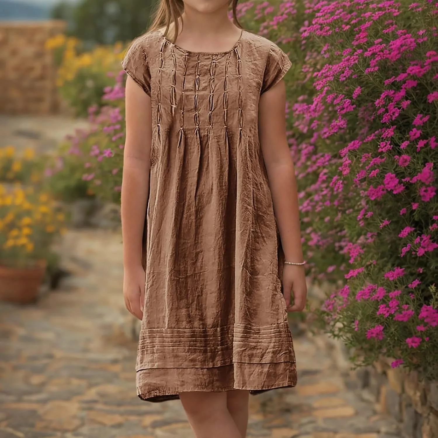 Girl's Cotton Linen Midi Dress Plus Size Cap Sleeve Pleated Summer Dresses Vacation 2025 Crew Neck Casual Dress