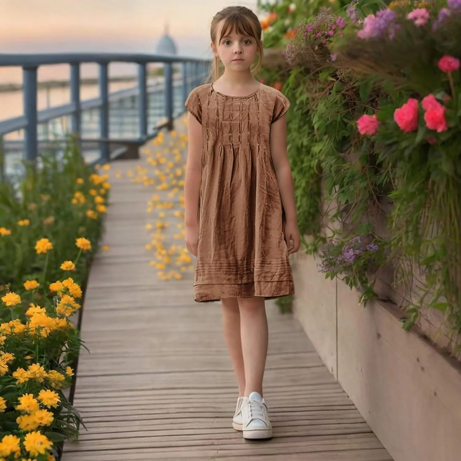 Girl's Cotton Linen Midi Dress Plus Size Cap Sleeve Pleated Summer Dresses Vacation 2025 Crew Neck Casual Dress