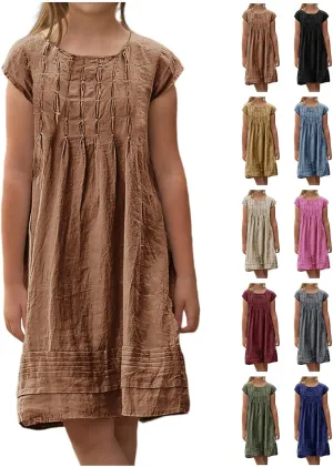 Girl's Cotton Linen Midi Dress Plus Size Cap Sleeve Pleated Summer Dresses Vacation 2025 Crew Neck Casual Dress