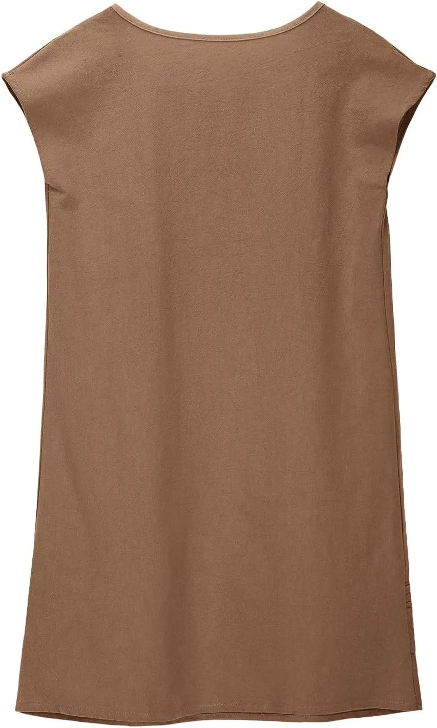 Girl's Cotton Linen Midi Dress Plus Size Cap Sleeve Pleated Summer Dresses Vacation 2025 Crew Neck Casual Dress
