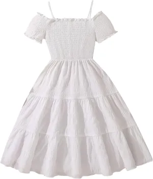 Girls' Dresses 2025 Summer Semi Formal Short Sleeve A Line Dress Cute Pleated Lapel Cotton Midi Dresses 8-13 Years