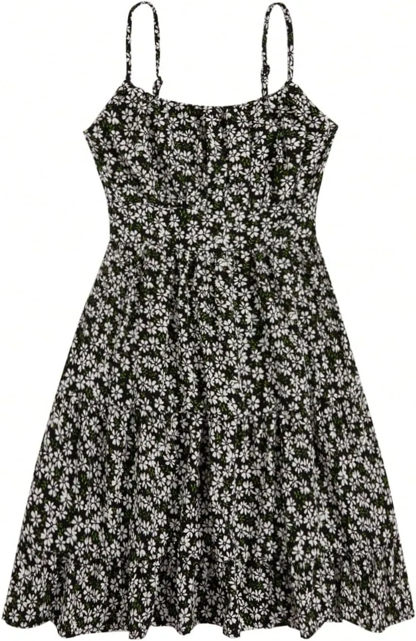Girl's Summer Dress Floral Ruffle Hem Spaghetti Strap Ruched Bust Cami Short Dress Sundress