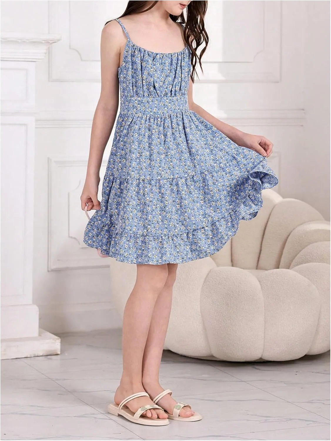 Girl's Summer Dress Floral Ruffle Hem Spaghetti Strap Ruched Bust Cami Short Dress Sundress