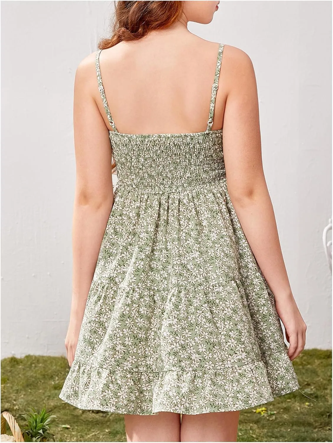 Girl's Summer Dress Floral Ruffle Hem Spaghetti Strap Ruched Bust Cami Short Dress Sundress