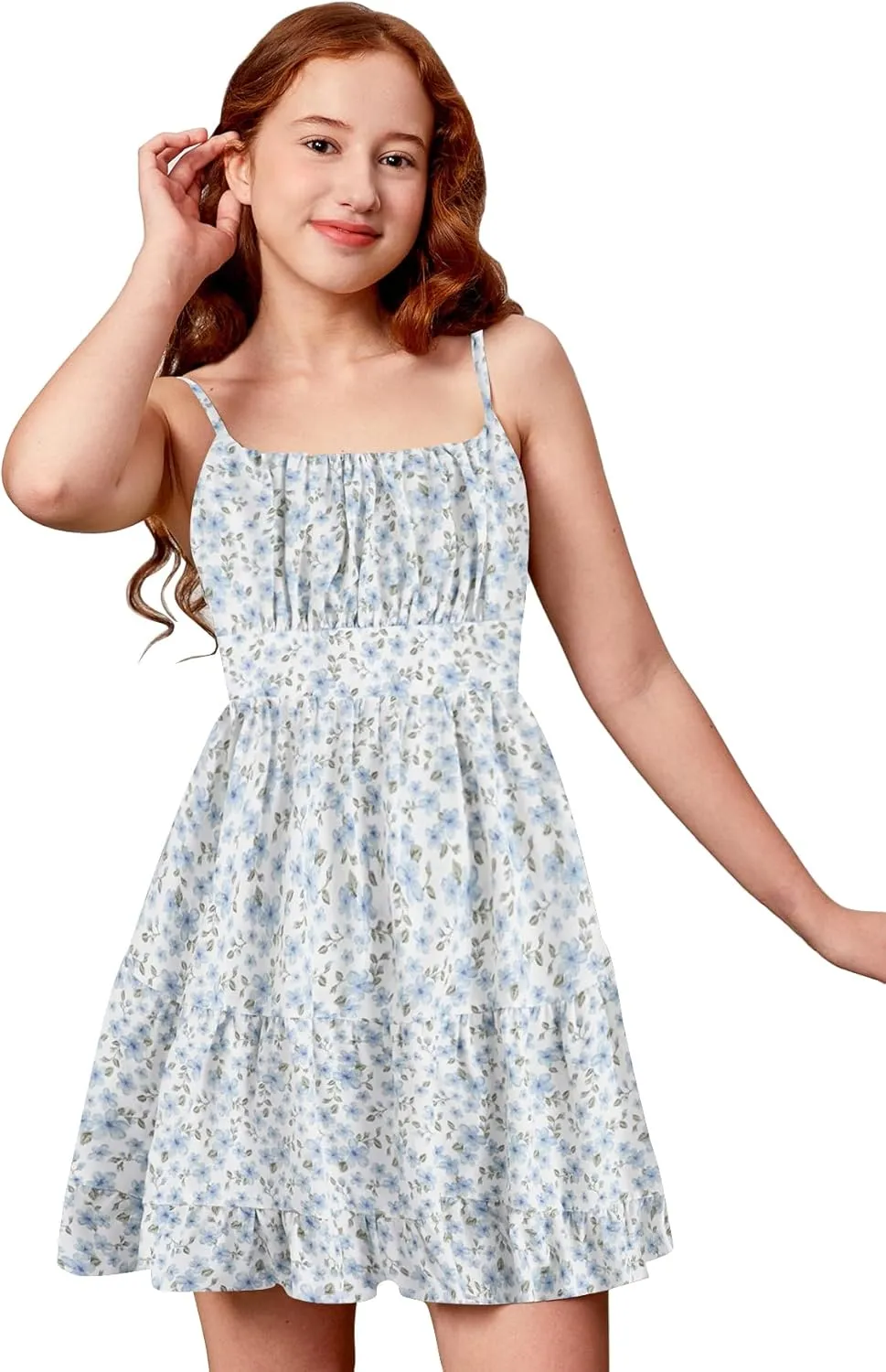 Girl's Summer Dress Floral Ruffle Hem Spaghetti Strap Ruched Bust Cami Short Dress Sundress