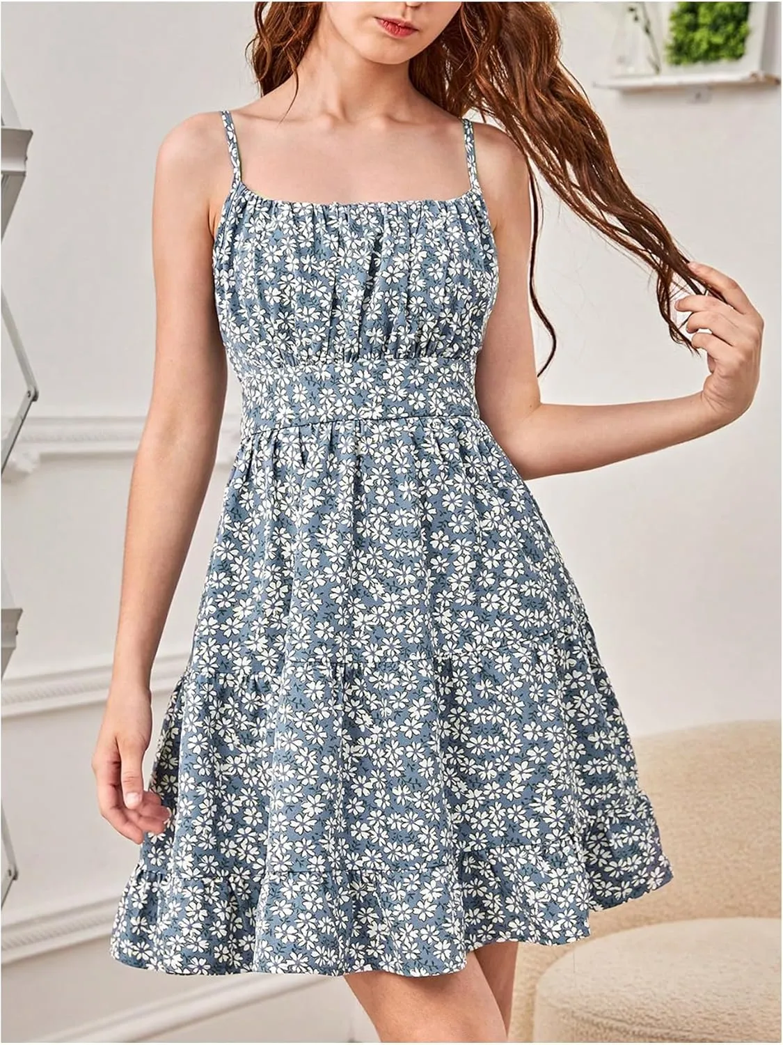 Girl's Summer Dress Floral Ruffle Hem Spaghetti Strap Ruched Bust Cami Short Dress Sundress