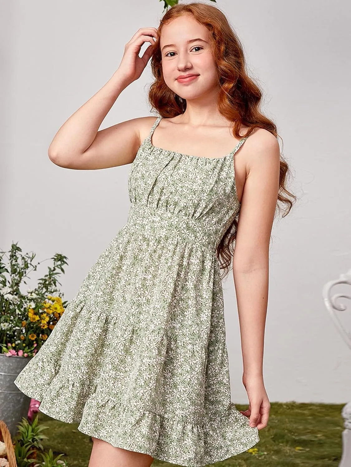 Girl's Summer Dress Floral Ruffle Hem Spaghetti Strap Ruched Bust Cami Short Dress Sundress