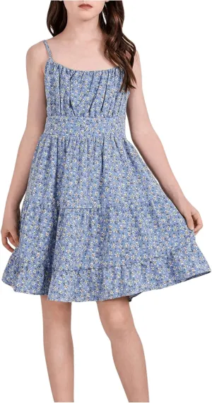 Girl's Summer Dress Floral Ruffle Hem Spaghetti Strap Ruched Bust Cami Short Dress Sundress