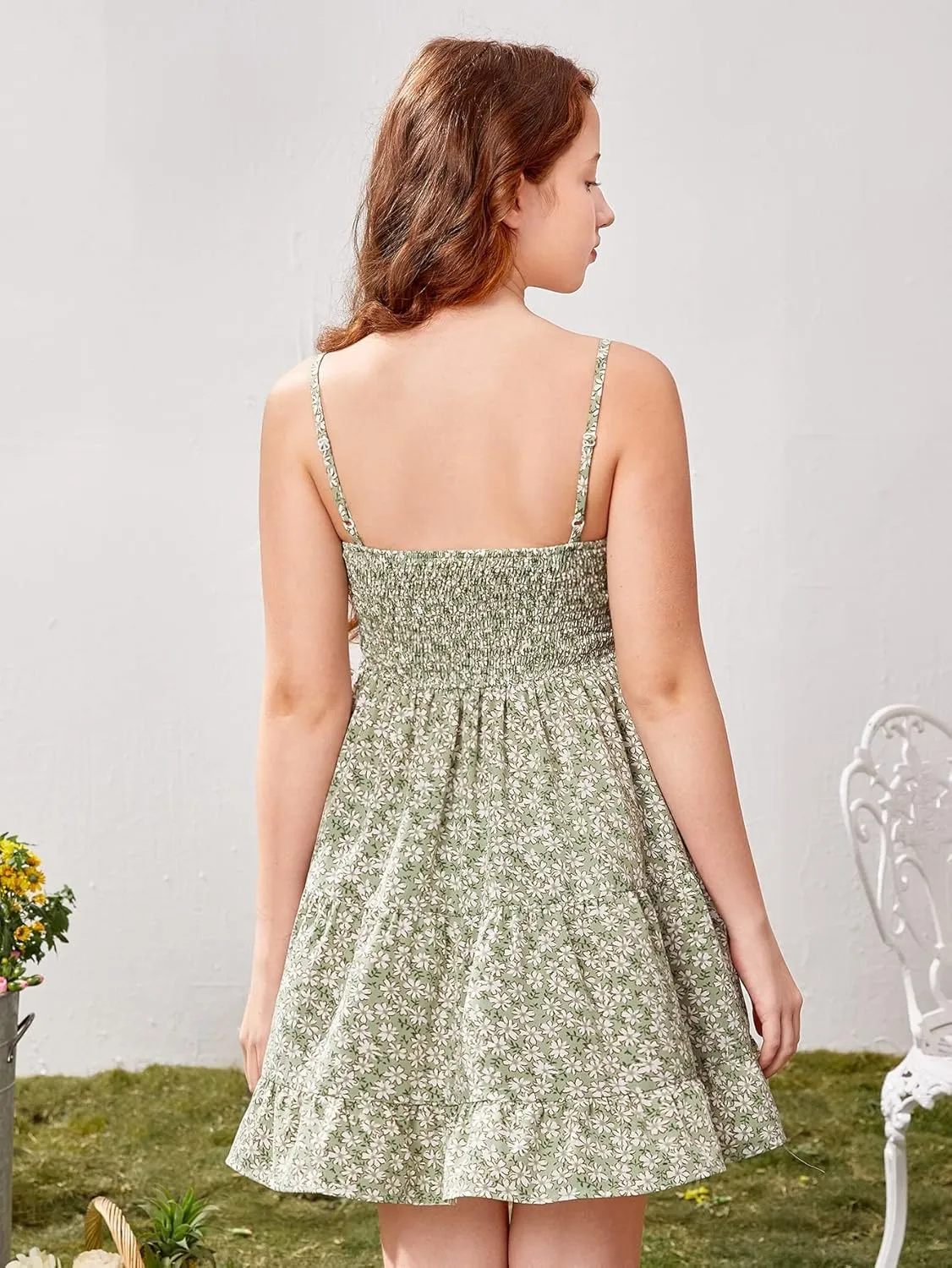 Girl's Summer Dress Floral Ruffle Hem Spaghetti Strap Ruched Bust Cami Short Dress Sundress
