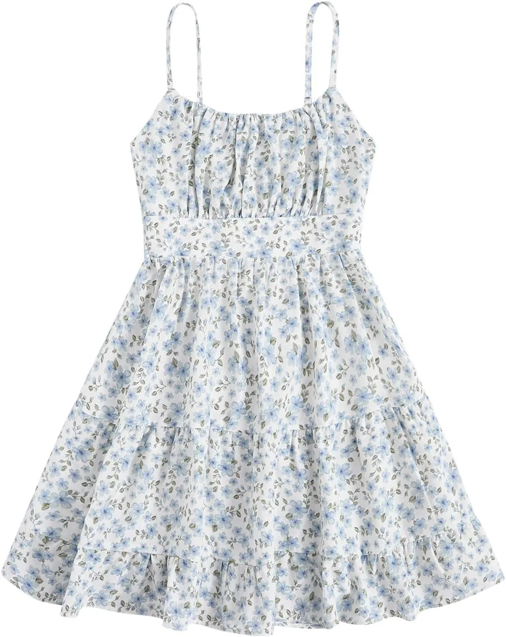 Girl's Summer Dress Floral Ruffle Hem Spaghetti Strap Ruched Bust Cami Short Dress Sundress