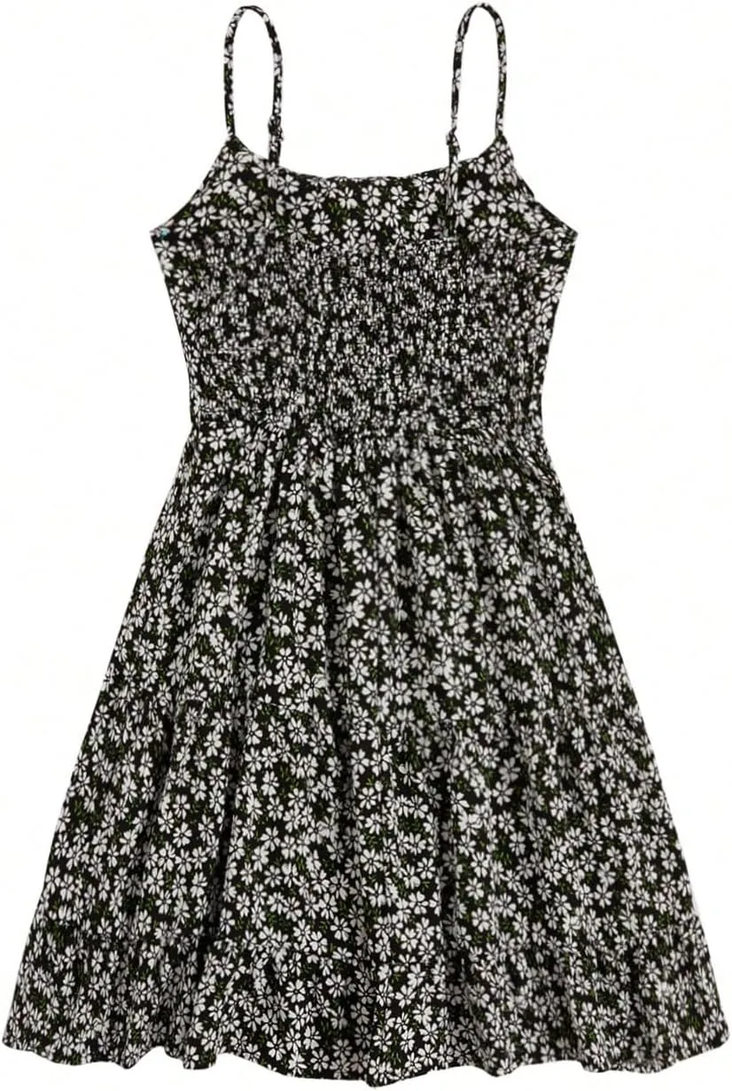Girl's Summer Dress Floral Ruffle Hem Spaghetti Strap Ruched Bust Cami Short Dress Sundress