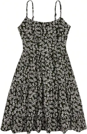 Girl's Summer Dress Floral Ruffle Hem Spaghetti Strap Ruched Bust Cami Short Dress Sundress