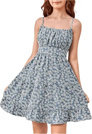 Girl's Summer Dress Floral Ruffle Hem Spaghetti Strap Ruched Bust Cami Short Dress Sundress