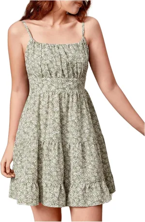 Girl's Summer Dress Floral Ruffle Hem Spaghetti Strap Ruched Bust Cami Short Dress Sundress