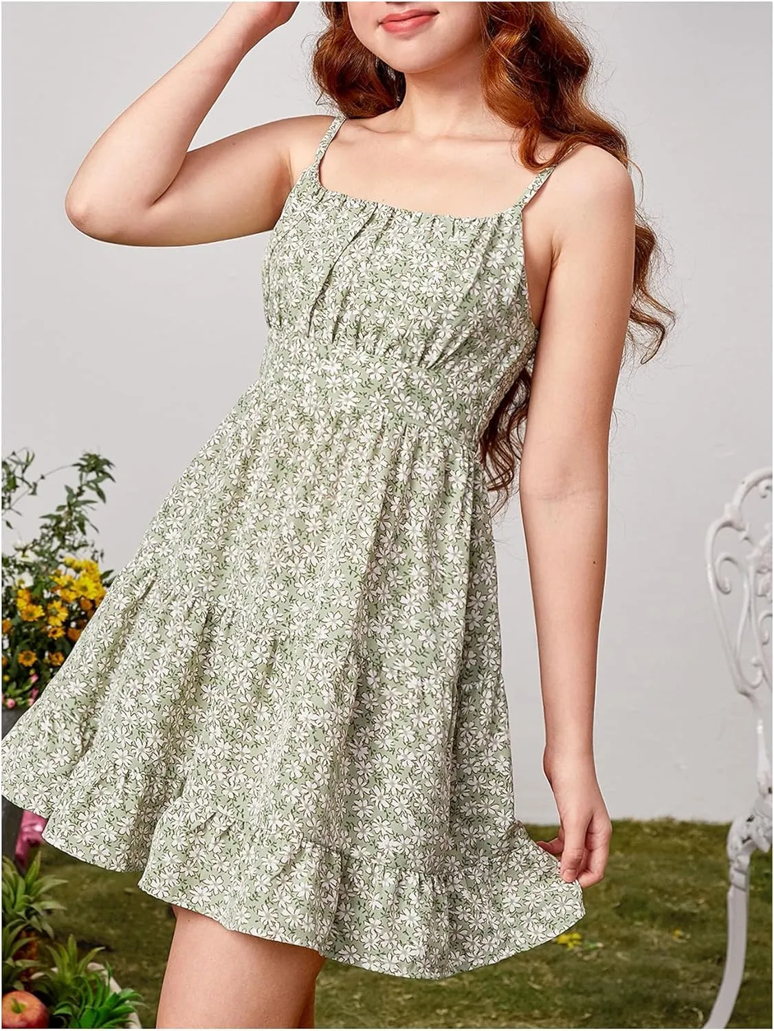 Girl's Summer Dress Floral Ruffle Hem Spaghetti Strap Ruched Bust Cami Short Dress Sundress