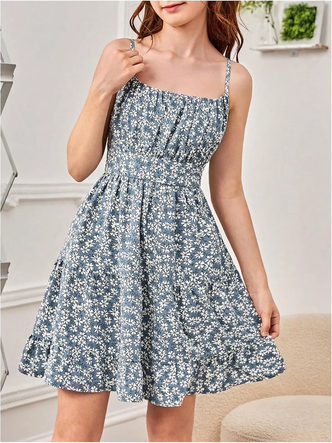 Girl's Summer Dress Floral Ruffle Hem Spaghetti Strap Ruched Bust Cami Short Dress Sundress