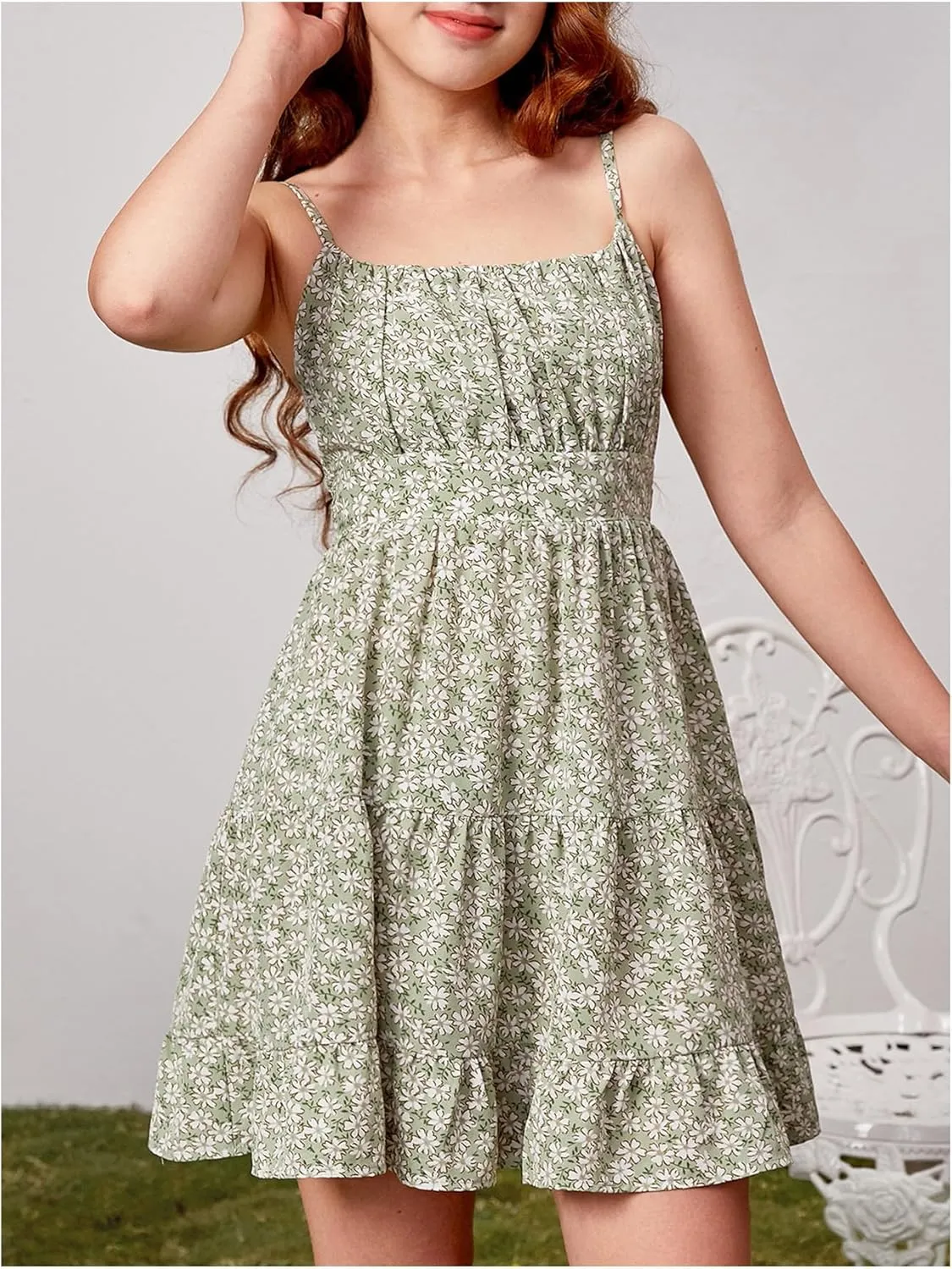 Girl's Summer Dress Floral Ruffle Hem Spaghetti Strap Ruched Bust Cami Short Dress Sundress