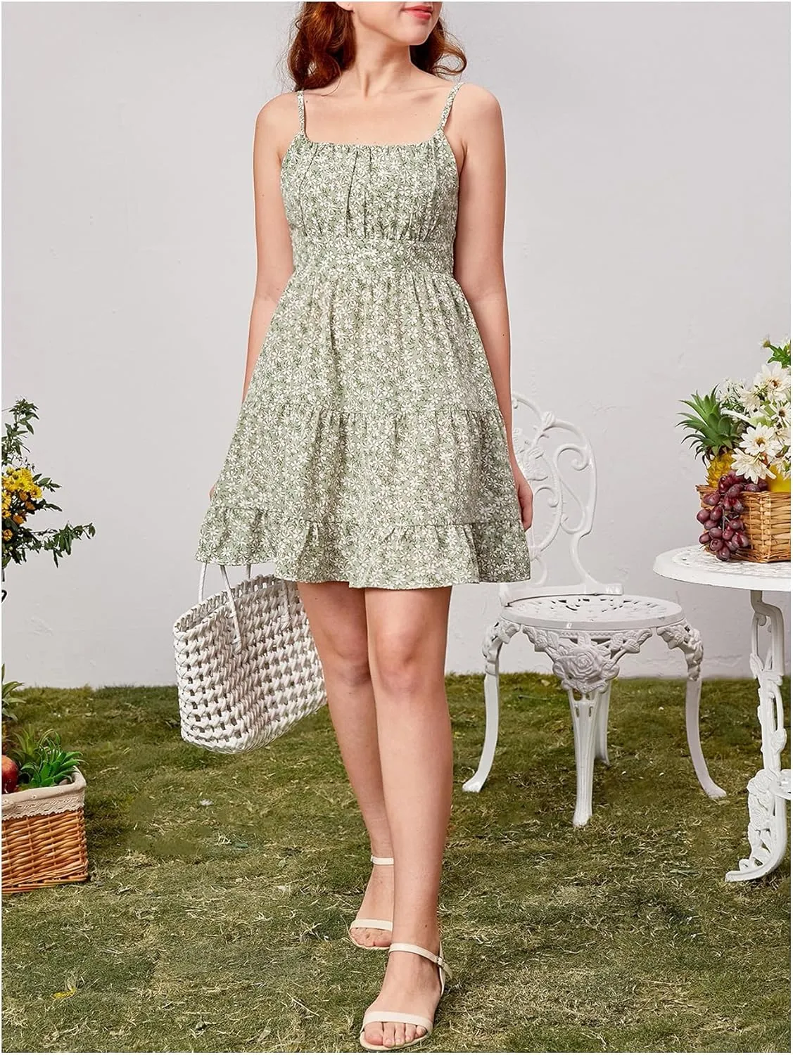 Girl's Summer Dress Floral Ruffle Hem Spaghetti Strap Ruched Bust Cami Short Dress Sundress