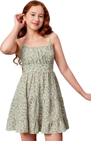 Girl's Summer Dress Floral Ruffle Hem Spaghetti Strap Ruched Bust Cami Short Dress Sundress
