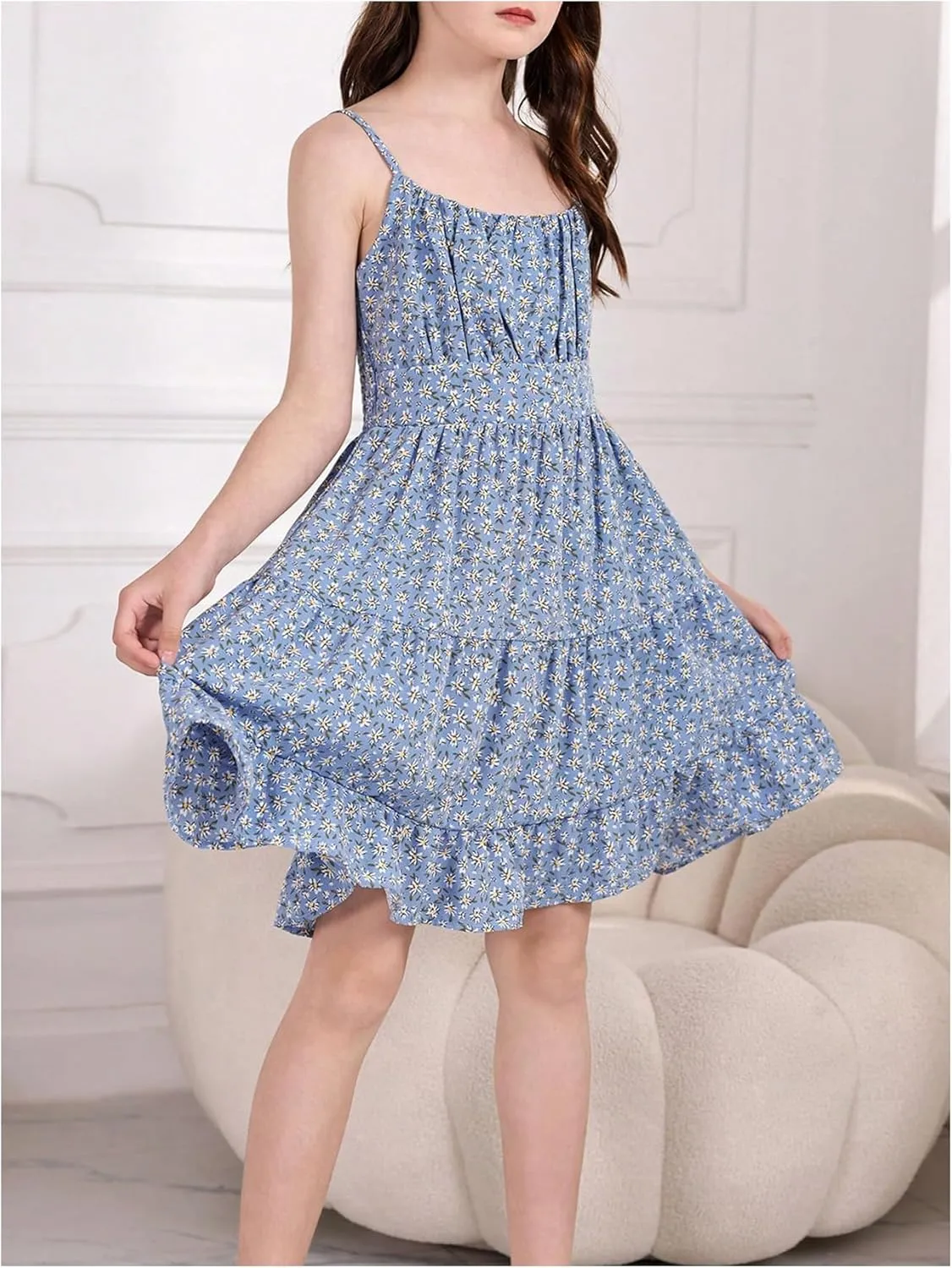 Girl's Summer Dress Floral Ruffle Hem Spaghetti Strap Ruched Bust Cami Short Dress Sundress