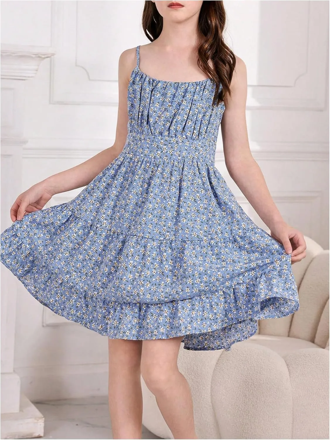Girl's Summer Dress Floral Ruffle Hem Spaghetti Strap Ruched Bust Cami Short Dress Sundress