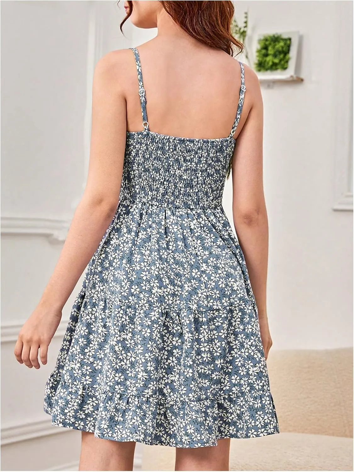 Girl's Summer Dress Floral Ruffle Hem Spaghetti Strap Ruched Bust Cami Short Dress Sundress