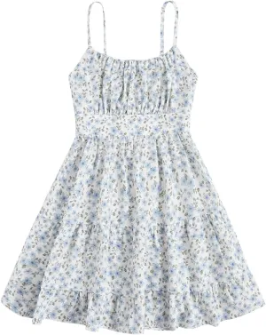 Girl's Summer Dress Floral Ruffle Hem Spaghetti Strap Ruched Bust Cami Short Dress Sundress