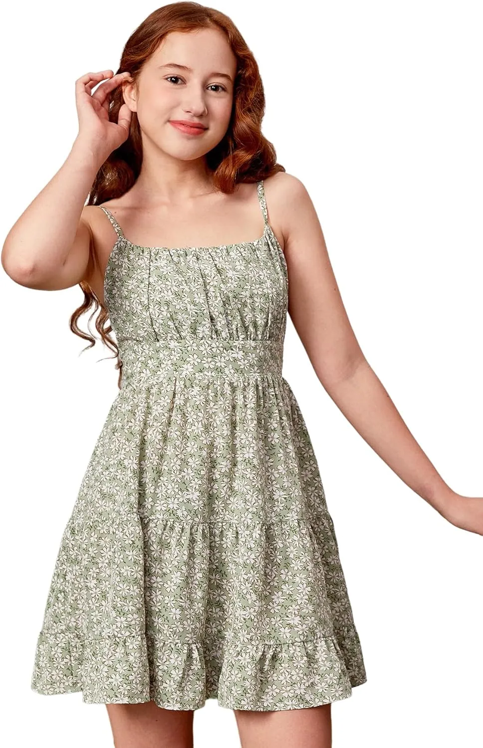 Girl's Summer Dress Floral Ruffle Hem Spaghetti Strap Ruched Bust Cami Short Dress Sundress
