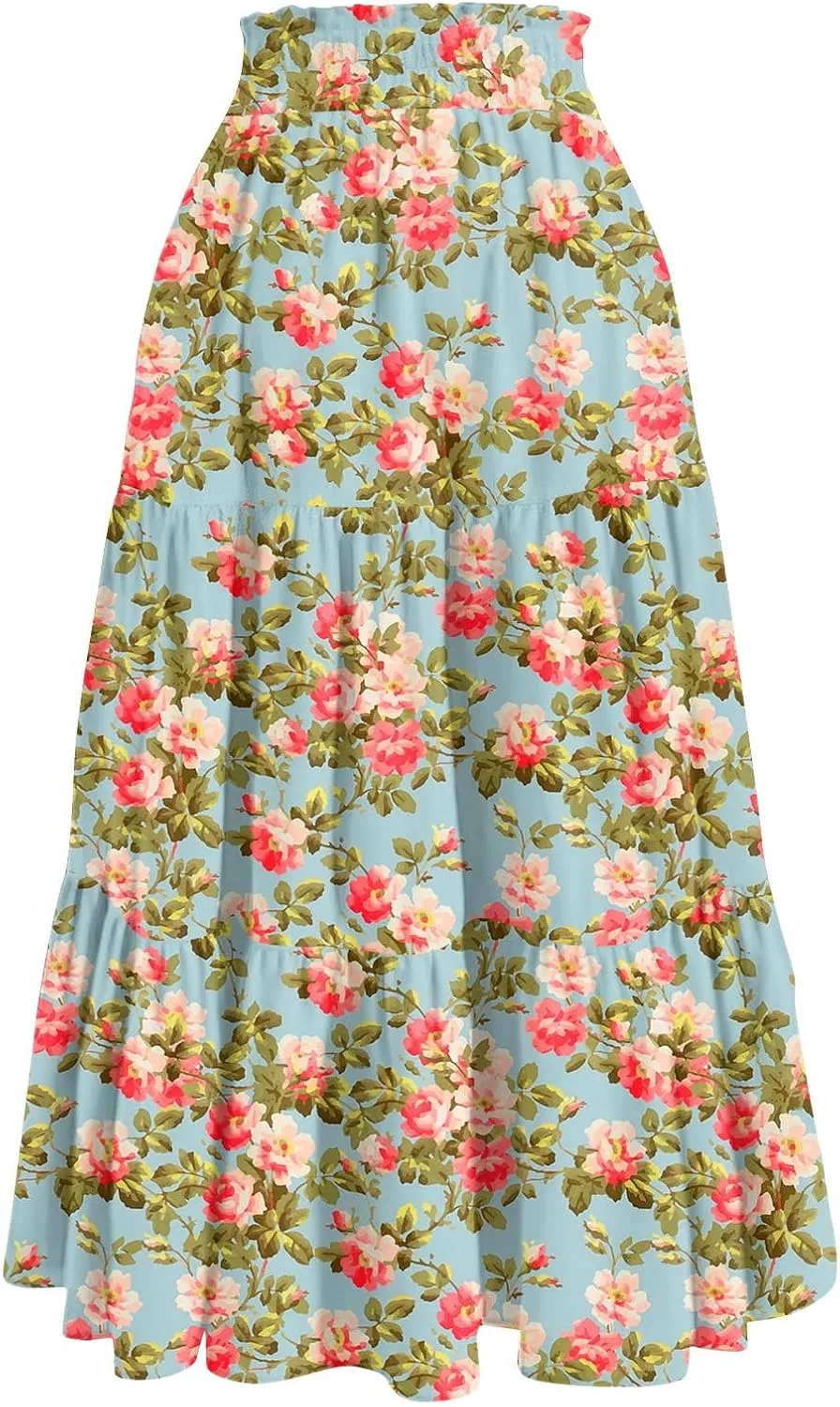 GOFULY Maxi Skirts for Women Boho Floral Print A-Line Long High Waisted Skirts Summer Drawstring Pleated Tiered Western Skirt