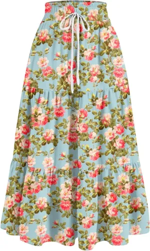 GOFULY Maxi Skirts for Women Boho Floral Print A-Line Long High Waisted Skirts Summer Drawstring Pleated Tiered Western Skirt